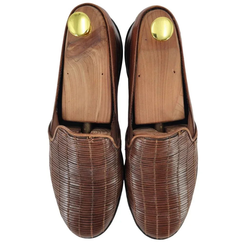 Vintage Bragano Italy Driving Casual Loafers Mens 8M Brown Basket Weave Slip-ons - Picture 2 of 11